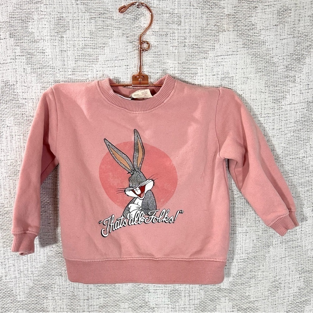 Zara Kids Looney Tunes Bugs Bunny Pink "that's all folks" sweater size 18-24 M